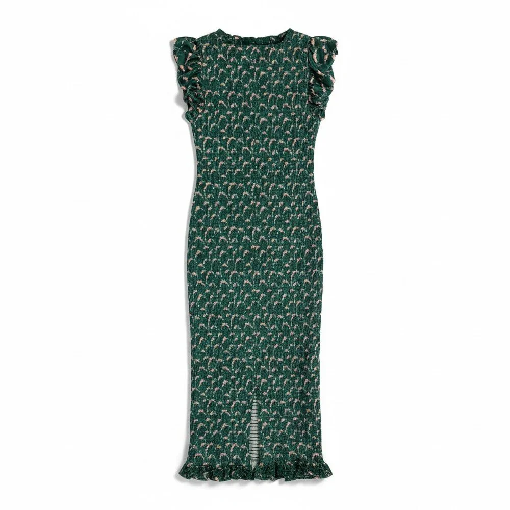 Free People Green Smocked Midi Dress Ruffle Sleeve Floral Bodycon Boho - Picture 3 of 11